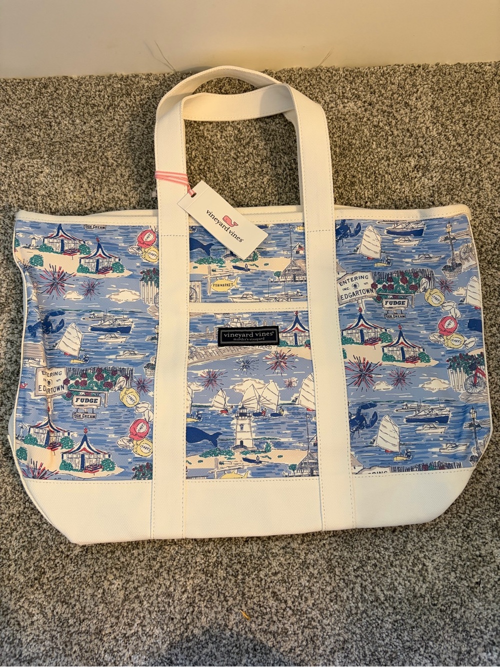 Vineyard Vines Blue Coastal Scene Canvas Tote with White Trim